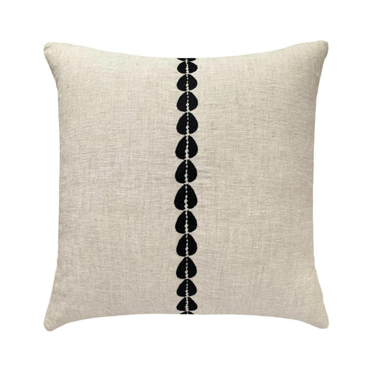 A 20" x 20" natural stonewashed linen pillow adorned with hand-embroidered cowrie shells in a delicate chain pattern. The pillow features a soft, smooth texture and Pillowpia’s signature red invisible zipper at the bottom center for easy care. Perfect for adding a bohemian touch to home decor.