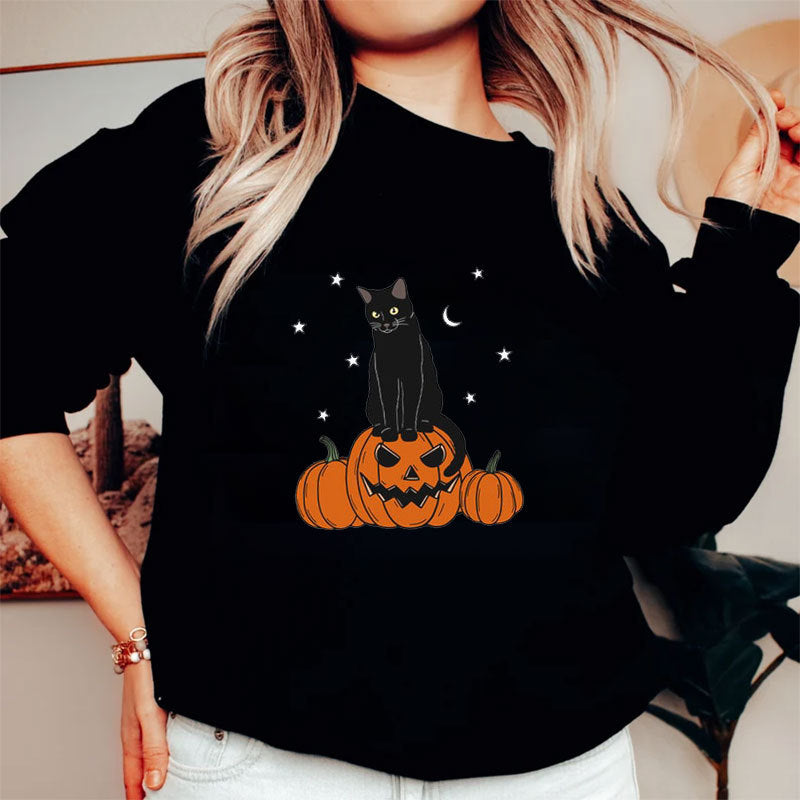 Halloween Evil Pumpkin Head And Black Cat Print Sweatshirt