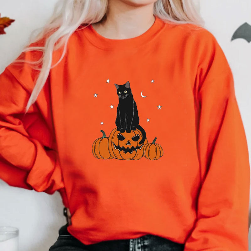 Halloween Evil Pumpkin Head And Black Cat Print Sweatshirt