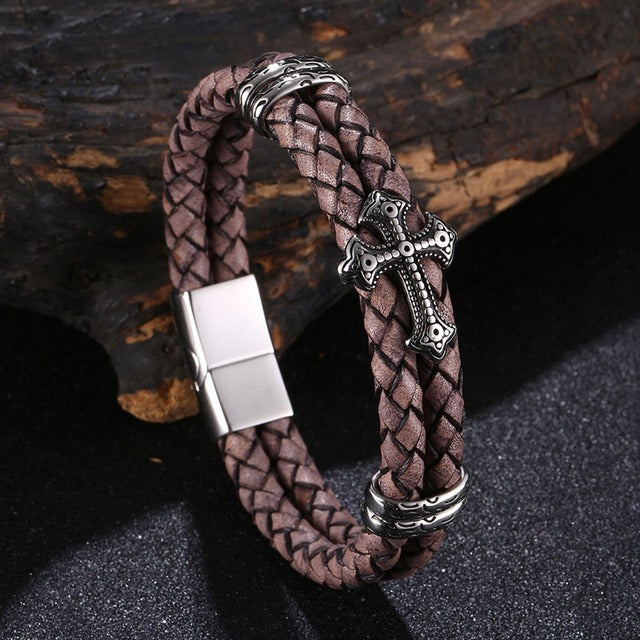 Luxury Multicolor Cross Design Stainless Steel Leather Bangle Bracelet