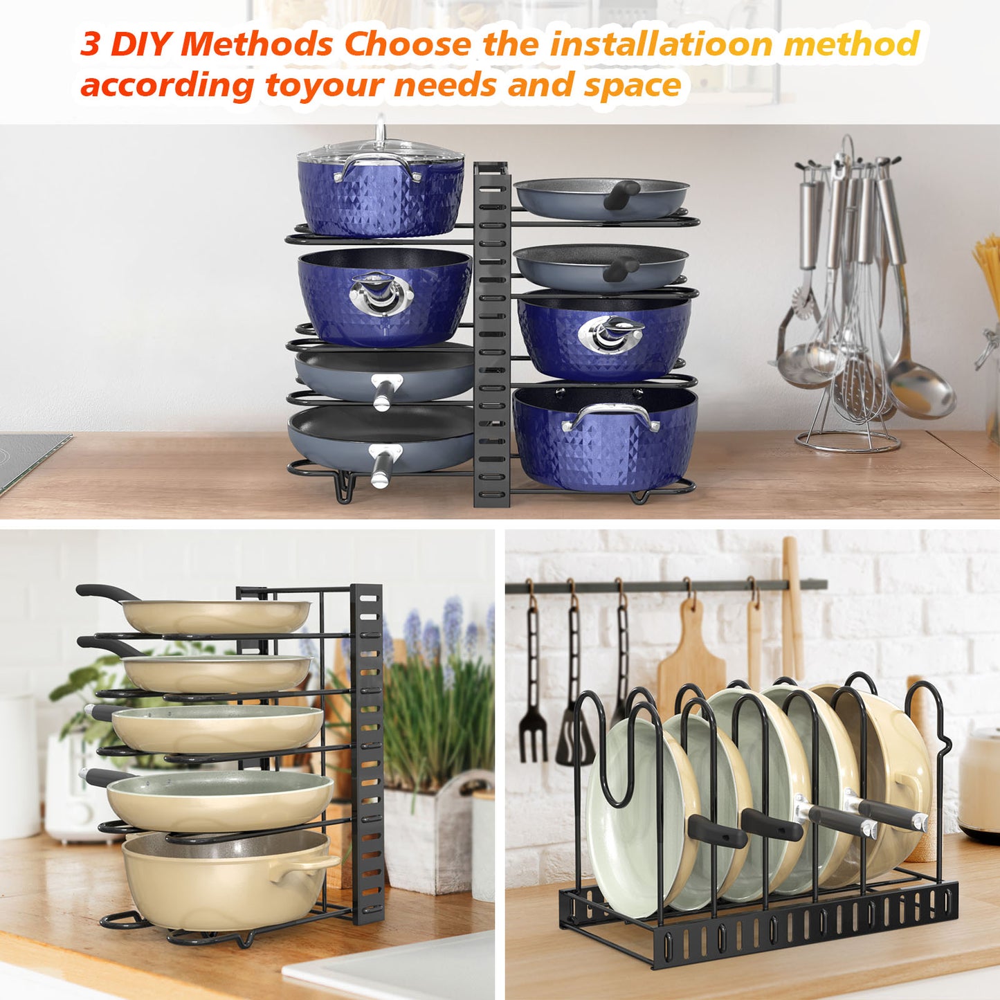 Rainbean Pot And Pan Racks, Adjustable Kitchen Organizer