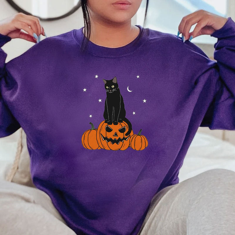 Halloween Evil Pumpkin Head And Black Cat Print Sweatshirt