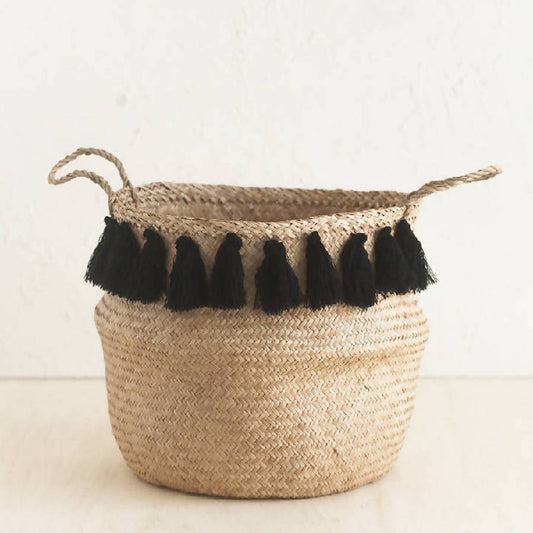 Black Tasseled Belly Baskets - Elegance in Tradition