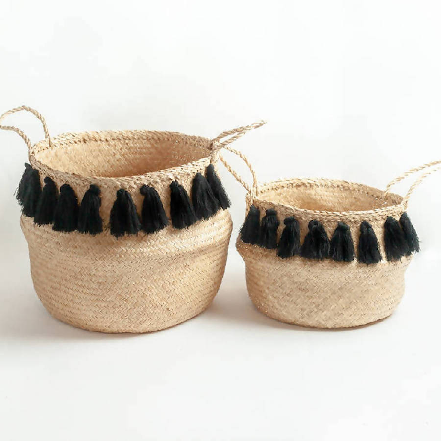 Black Tasseled Belly Baskets - Elegance in Tradition