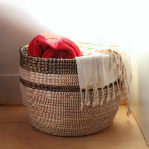 Handwoven in Senegal - Black and White Stripe Basket - Large