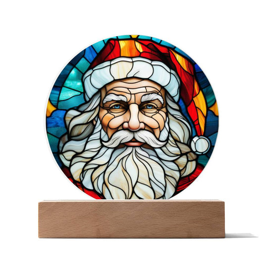 Spectacular Stained Glass Styled Portrait of Santa - Round Acrylic Art w/Glowing LED Option