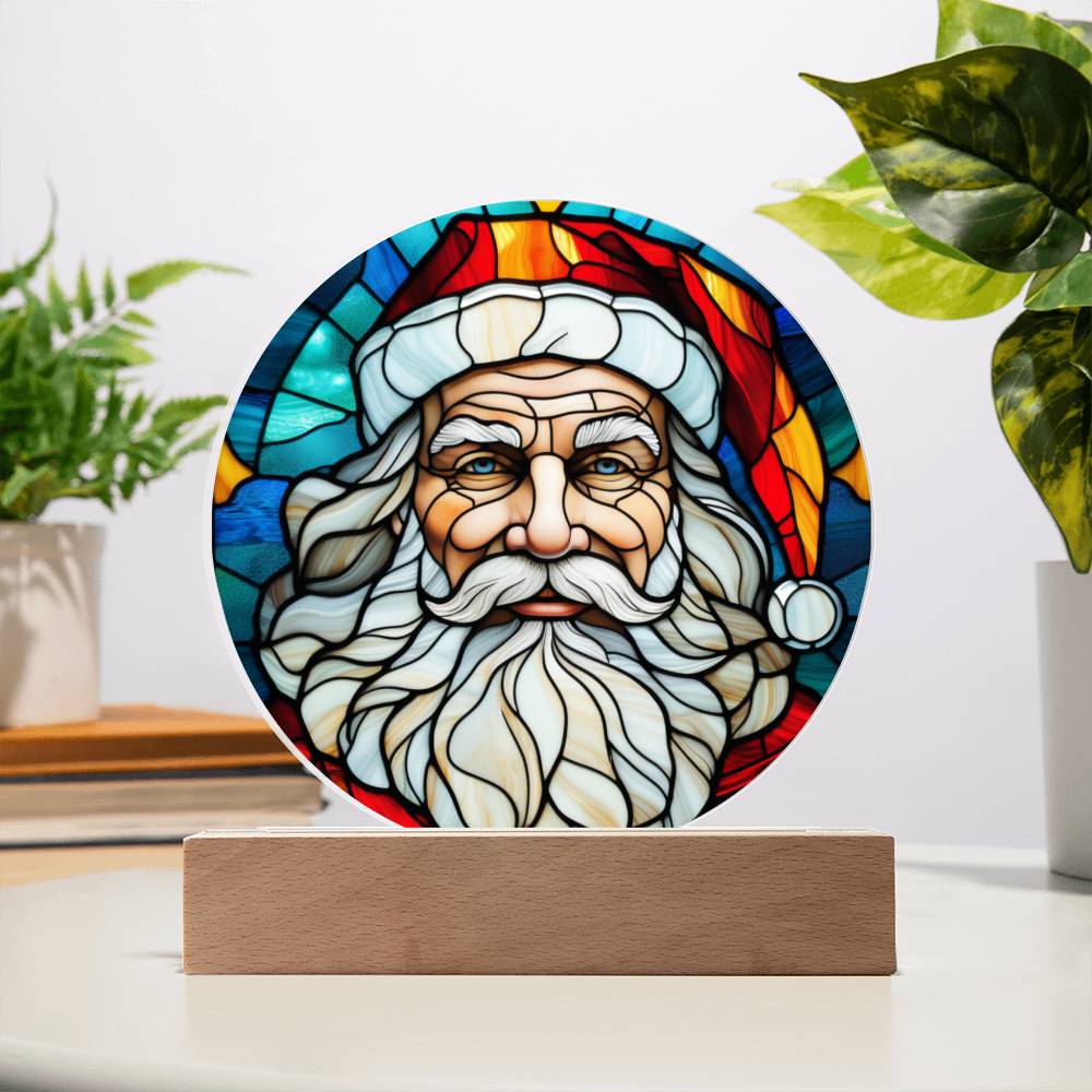 Spectacular Stained Glass Styled Portrait of Santa - Round Acrylic Art w/Glowing LED Option