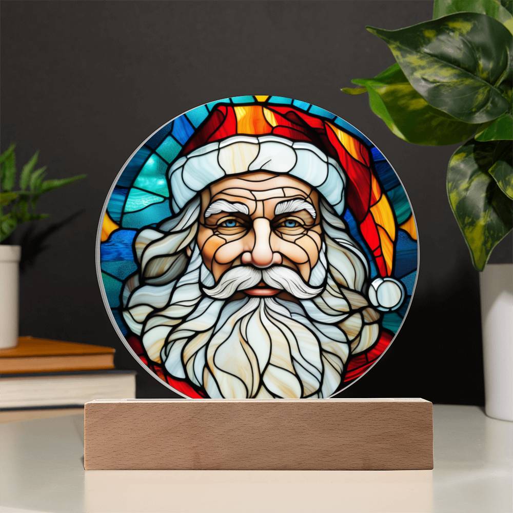 Spectacular Stained Glass Styled Portrait of Santa - Round Acrylic Art w/Glowing LED Option