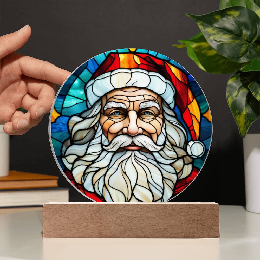 Spectacular Stained Glass Styled Portrait of Santa - Round Acrylic Art w/Glowing LED Option