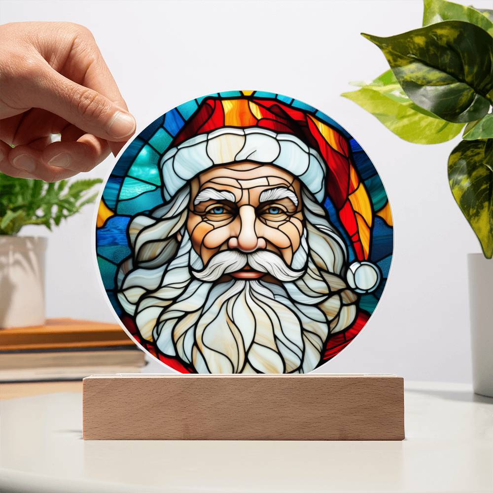 Spectacular Stained Glass Styled Portrait of Santa - Round Acrylic Art w/Glowing LED Option