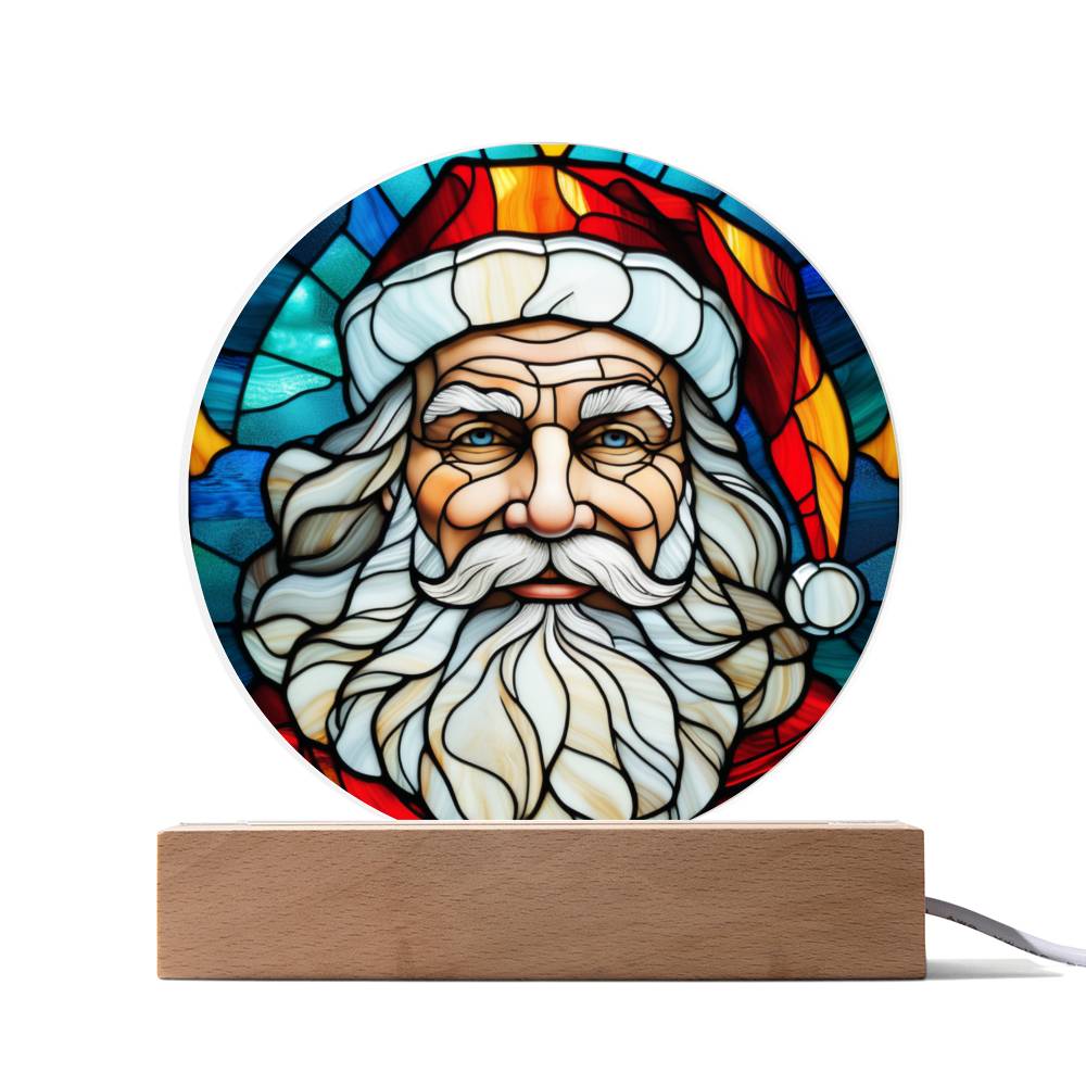 Spectacular Stained Glass Styled Portrait of Santa - Round Acrylic Art w/Glowing LED Option