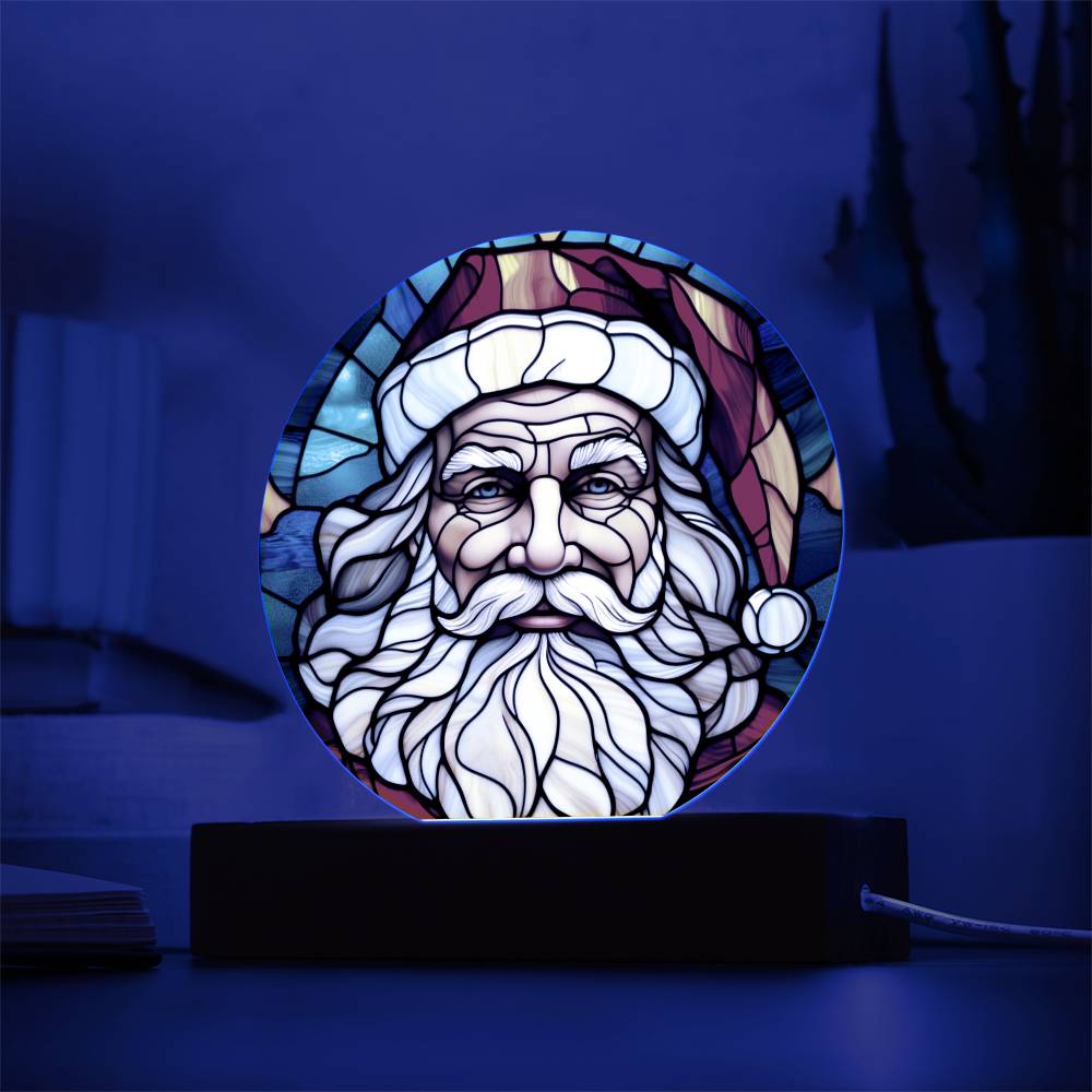 Spectacular Stained Glass Styled Portrait of Santa - Round Acrylic Art w/Glowing LED Option