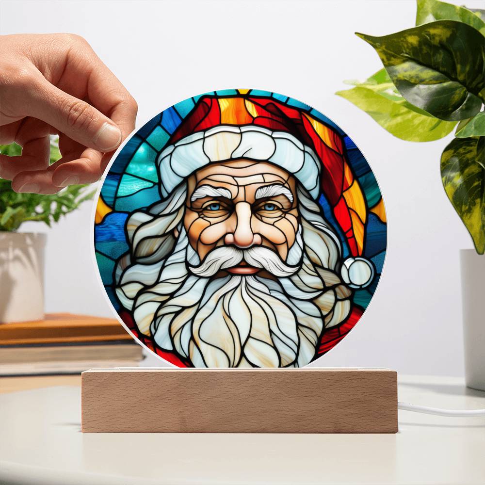 Spectacular Stained Glass Styled Portrait of Santa - Round Acrylic Art w/Glowing LED Option