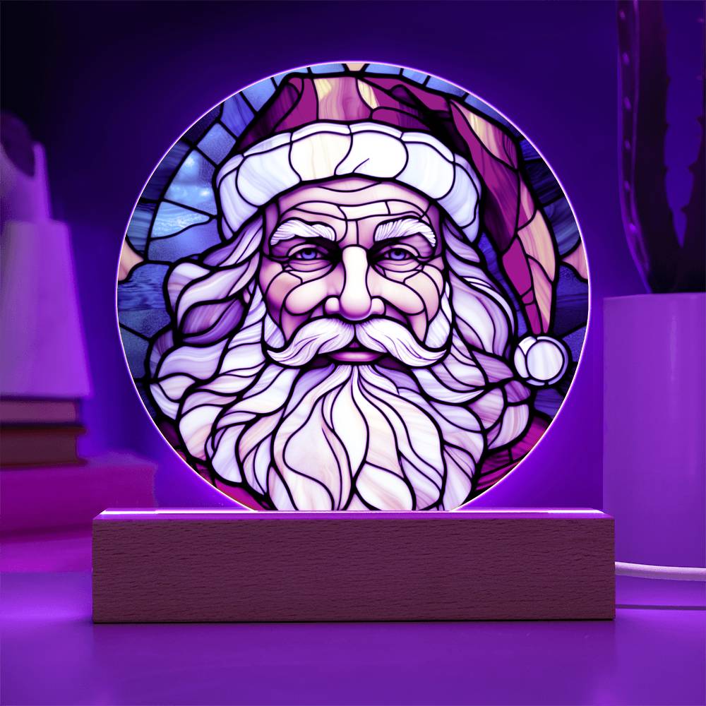 Spectacular Stained Glass Styled Portrait of Santa - Round Acrylic Art w/Glowing LED Option