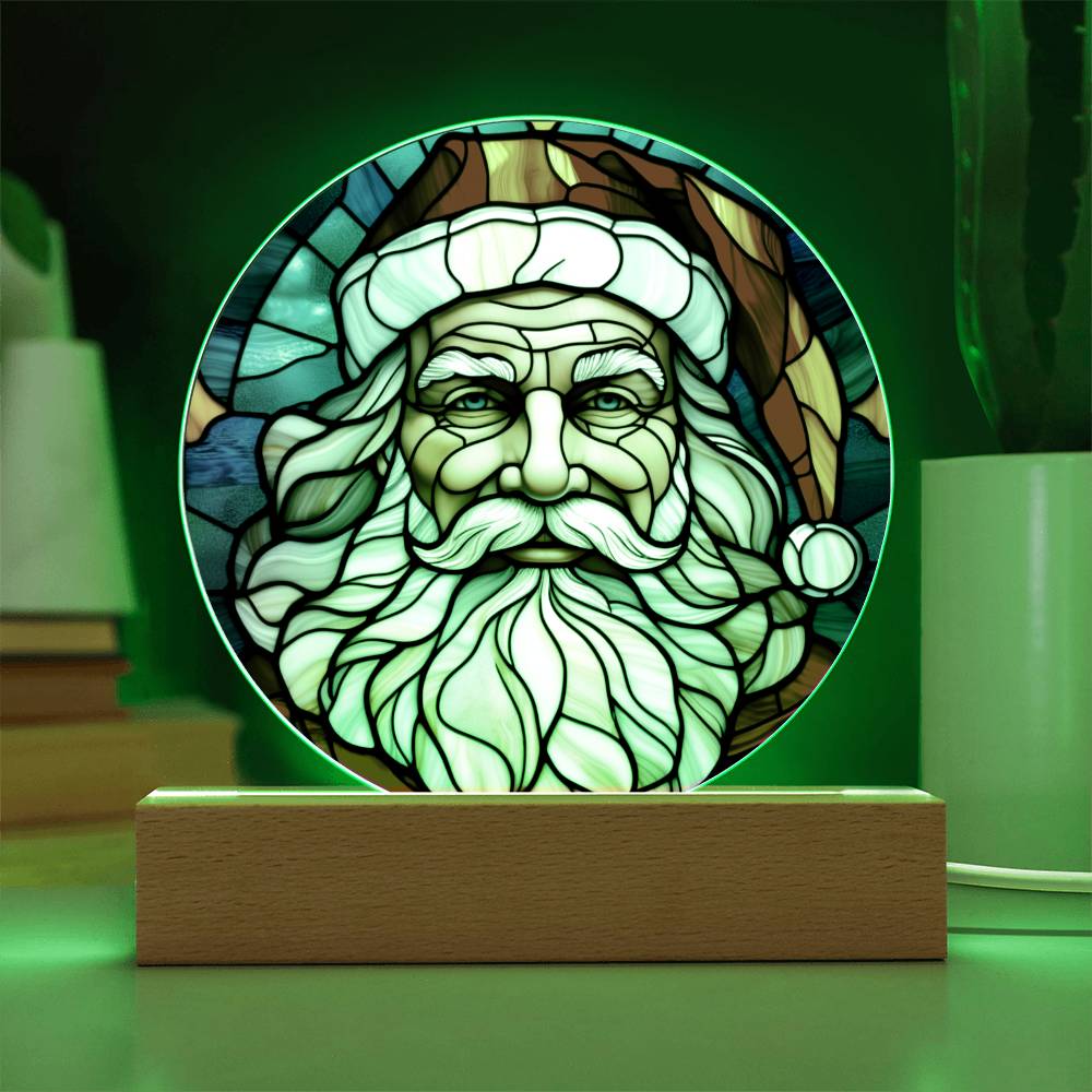 Spectacular Stained Glass Styled Portrait of Santa - Round Acrylic Art w/Glowing LED Option