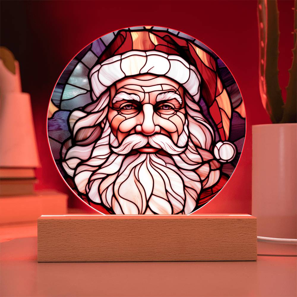 Spectacular Stained Glass Styled Portrait of Santa - Round Acrylic Art w/Glowing LED Option