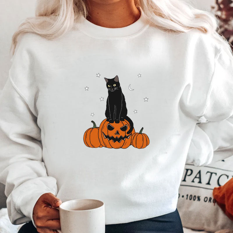 Halloween Evil Pumpkin Head And Black Cat Print Sweatshirt