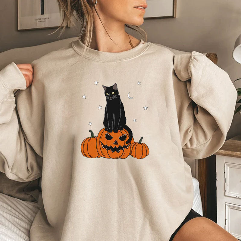 Halloween Evil Pumpkin Head And Black Cat Print Sweatshirt