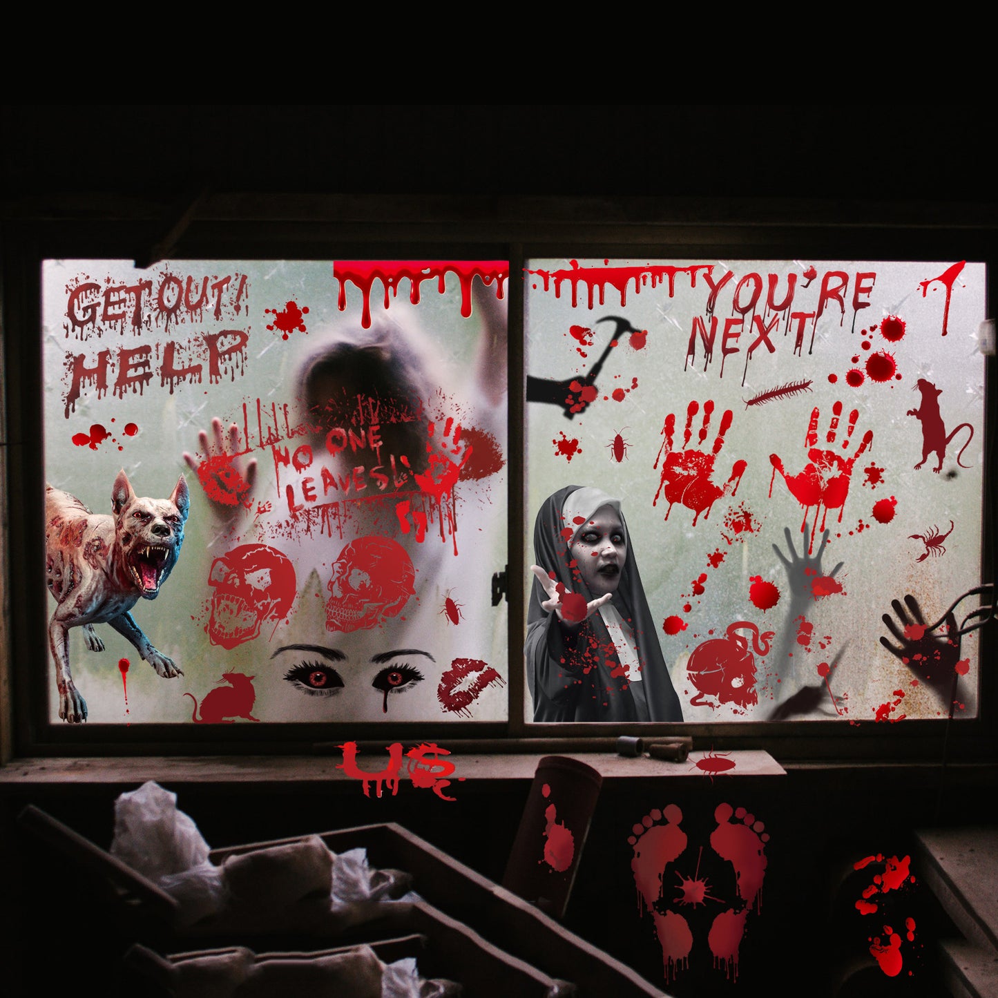 Gory Blood, Hands and Feet Horror Bathroom Mirror, Window and Wall Stickers