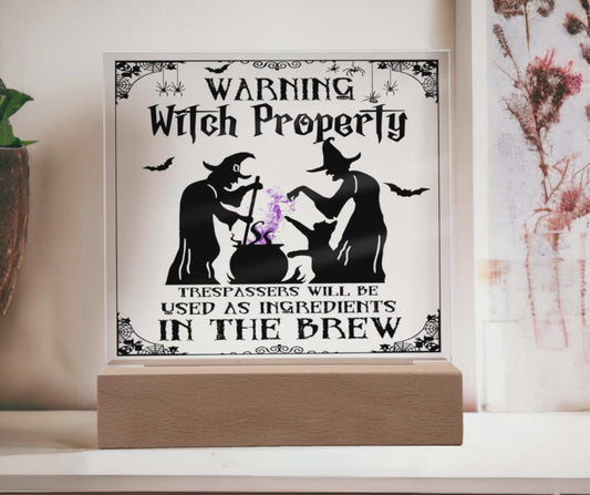 Warning - Witch Property - Acrylic Plaque Decor w/LED Option