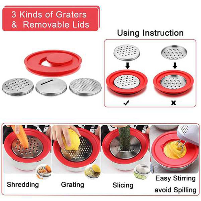 Stainless Steel Non-Slip Mixing Bowls,with Airtight Lids and Graters